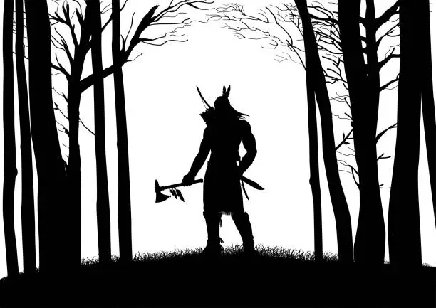 Vector illustration of Silhouette of Native American warrior holding an axe and a knife on beautiful landscape