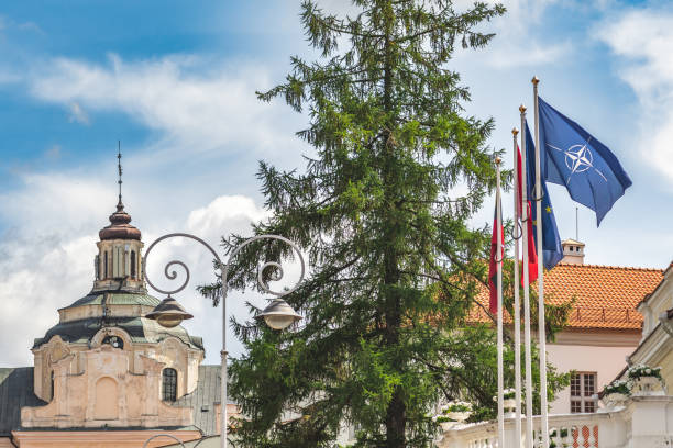 cimeira da nato 2023 no centro de vilnius, capital da lituânia, europa - bandeira da otan - fotografias e filmes do acervo