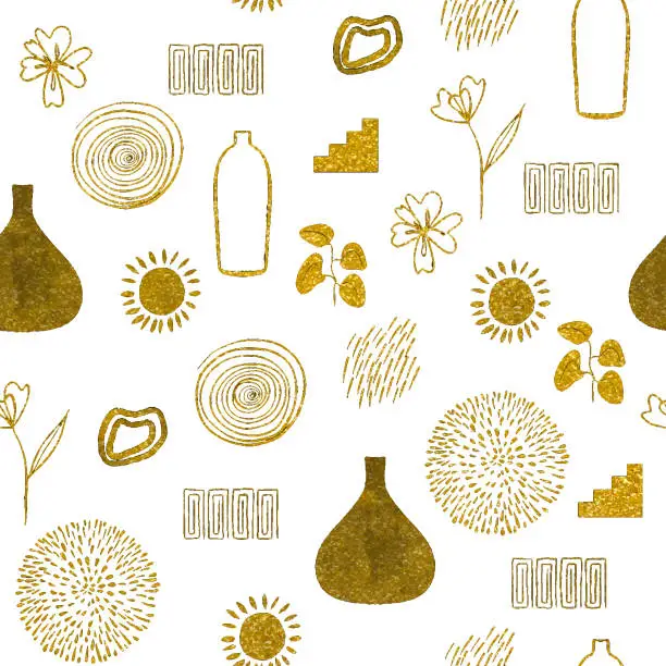 Vector illustration of Gold Colored Boho Decoration Elements  Seamless Pattern. Design Element for Greeting Cards and Wedding, Birthday and other Holiday and Summer Invitation Cards Background.