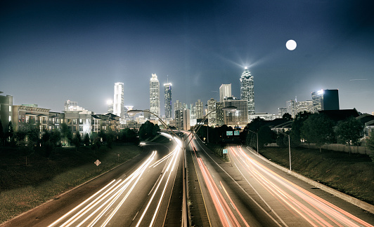 Urban skyline at night. The city is Atlanta - Georgia, USA.
