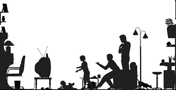 Silhouette of a family with a baby watching television Foreground silhouette of a family in a living room with all elements as separate editable objects. Hi-res jpeg file included. kids watching tv stock illustrations