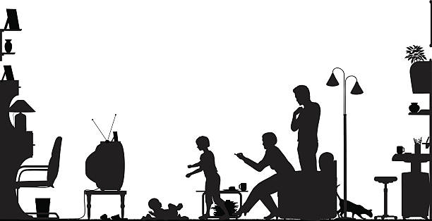 Silhouette of a family with a baby watching television Foreground silhouette of a family in a living room with all elements as separate editable objects. Hi-res jpeg file included. silhouette lounge stock illustrations