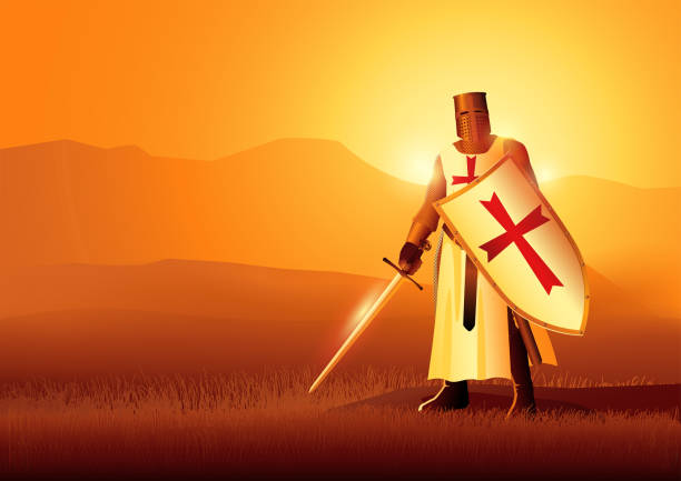 Knight of Templar holding a sword and a shield on dramatic landscape Knight of Templar holding a sword and a shield on dramatic landscape, vector illustration knights templar symbols stock illustrations