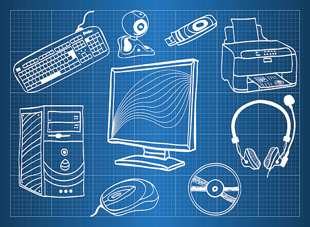 illustrazioni stock, clip art, cartoni animati e icone di tendenza di cianografia di hardware-periferiche - computer peripheral illustrations