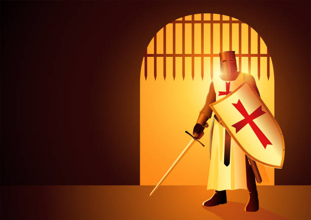 ilustraciones, imágenes clip art, dibujos animados e iconos de stock de caballero templario sosteniendo una espada y un escudo en la puerta del castillo - templarios