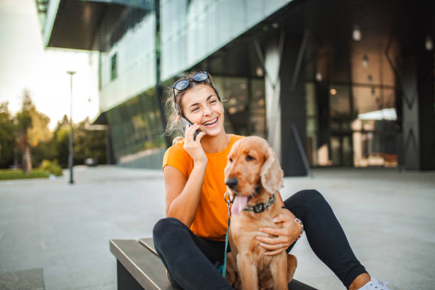 Young woman talking on the phone while sitting on the bench with her cocker spaniel dog