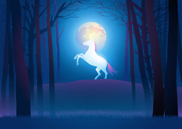 istock Beautiful scenery of a unicorn during full moon in the woods 1504002996