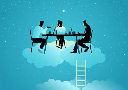 Business concept illustration of men and woman works comfortably on top of the cloud, dream job, a pleasant working atmosphere concept