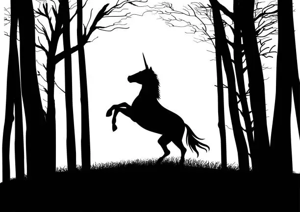 Vector illustration of Silhouette of a unicorn in the woods