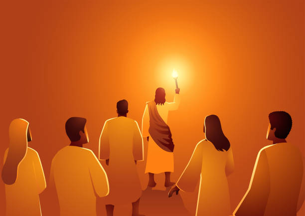 illustrazioni stock, clip art, cartoni animati e icone di tendenza di gesù guida il gruppo dei seguaci con la torcia, gesù è la luce del mondo - rio de janeiro christ the redeemer jesus christ vector