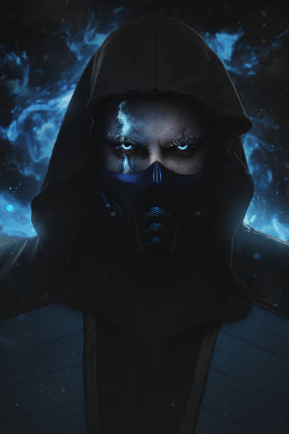 istock Angry ice assassin with hood against grey background 1504034410