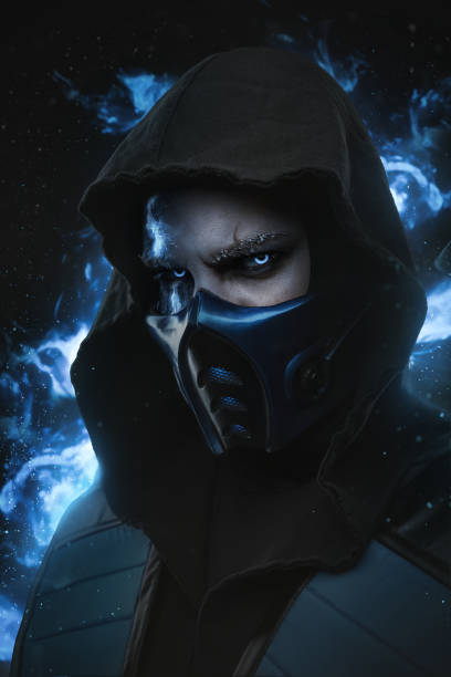 istock Angry ice assassin with hood against grey background 1504034784