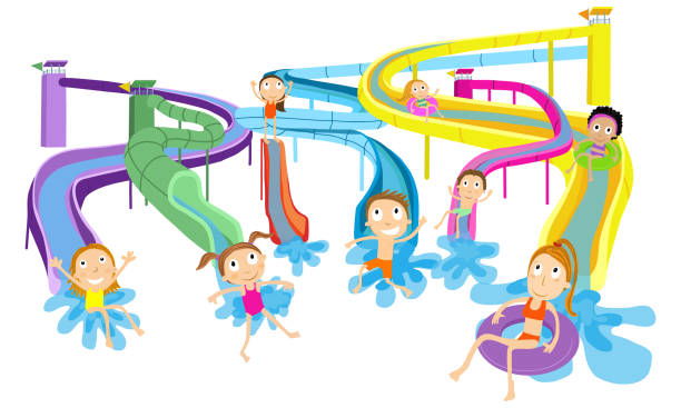 park wodny z ludźmi jeżdżącymi na zjeżdżalni, spiralnej rurze i rurze. letni aquapark. - swimming pool child water park inflatable stock illustrations