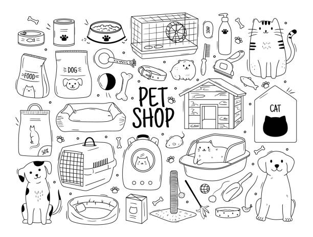 satz handgezeichneter doodle-illustrationen aus der tierhandlung - cat food stock-grafiken, -clipart, -cartoons und -symbole