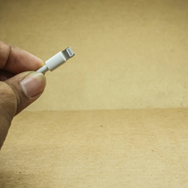 Man hand holding white lightning cable in wooden background.