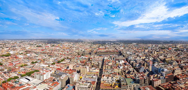 Mexico, Panoramic skyline view of Mexico City historic center from Tower Torre Latinoamericana.