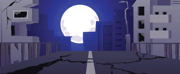 Vector illustration of Destroyed and abandoned city at night with full moon, flat vector illustration.