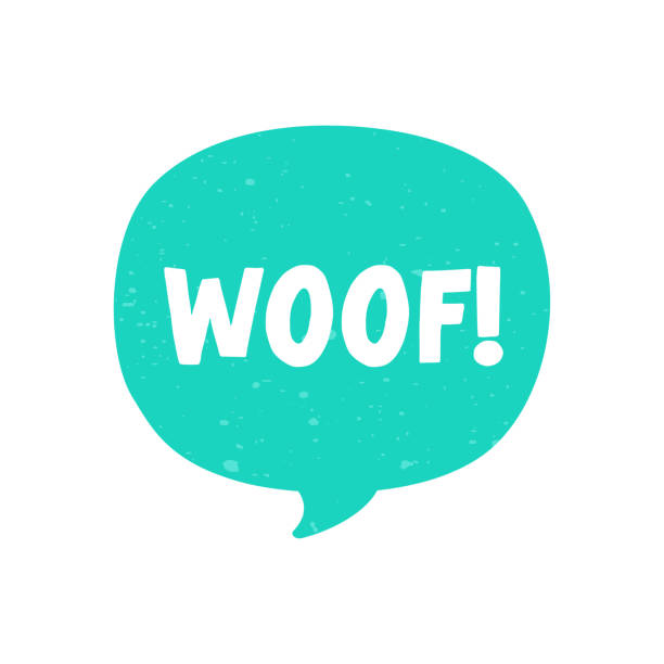 ilustrações de stock, clip art, desenhos animados e ícones de woof! text in a speech bubble balloon digital sticker design. cute cartoon comics dog bark sound effect and lettering. textured vector illustration. - cute vector textured effect cheerful