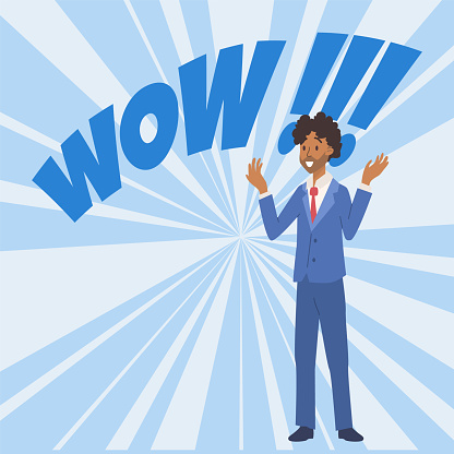Vector Illustration of a dark-skinned man in a blue business suit with a red tie raised his hands up, he is very surprised and says WOW on abstract pop art style background. Concept of different emotions, reactions of people in flat design style
