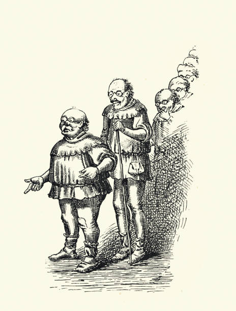 karykatura grupy starców stojących w szeregu w średniowiecznych strojach - tabard stock illustrations