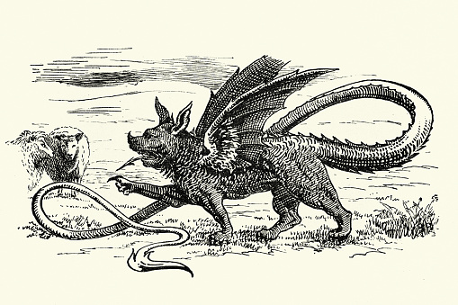 Vintage illustration of Dragon attacking a flock of sheep, Monster, Fantasy, Mythology, Legend of the Knight and the Dragon