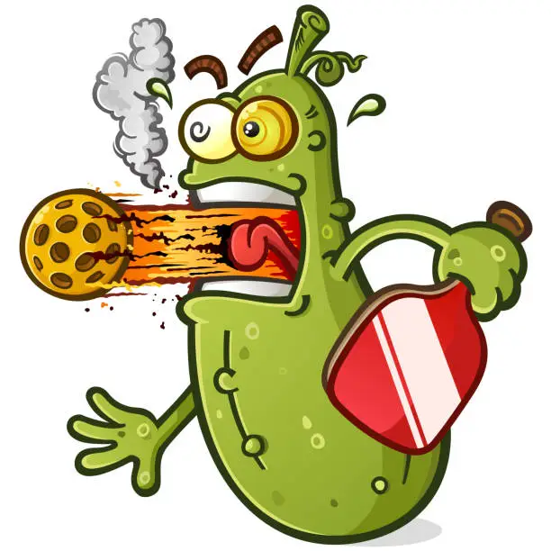 Vector illustration of Pickle cartoon blasting a high powered pickleball out of his mouth with a hot flaming vapor trail