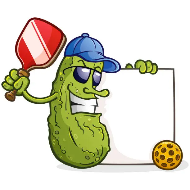 Vector illustration of Cool pickle with attitude wearing sunglasses and a hat holding a big blank sign and pickleball gear