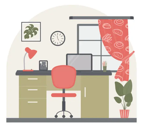 Vector illustration of Interior design of a room with furniture: a desk, a computer chair, a picture on the wall, indoor plants, a wall clock, a window with curtains, a table lamp. Workplace.