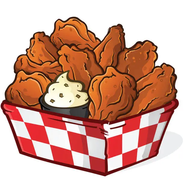 Vector illustration of Basket of buffalo chicken wings with a ranch dressing dipping sauce