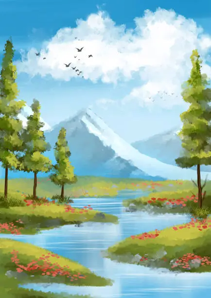 Vector illustration of Hand painted sunny landscape with mountains in the background impressionist style