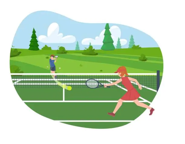 Vector illustration of Young boy and girl playing tennis outdoor flat style, vector illustration