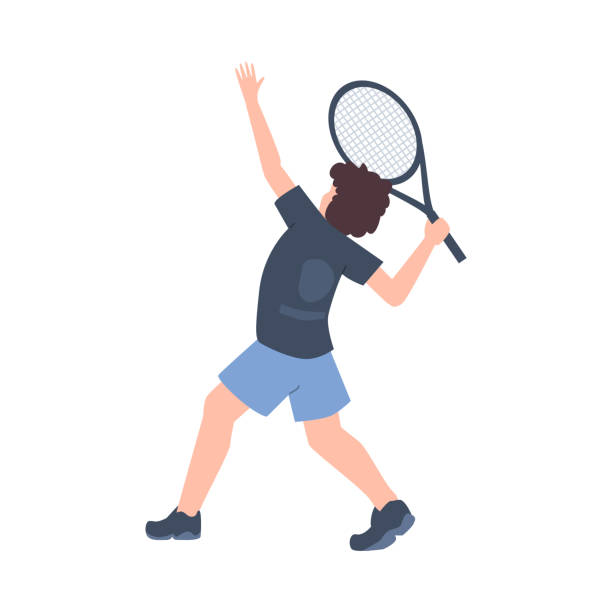 ilustrações de stock, clip art, desenhos animados e ícones de young boy with tennis racquet looks up flat style, vector illustration - child tennis white background sport