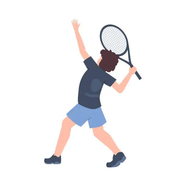 Vector illustration of Young boy with tennis racquet looks up flat style, vector illustration