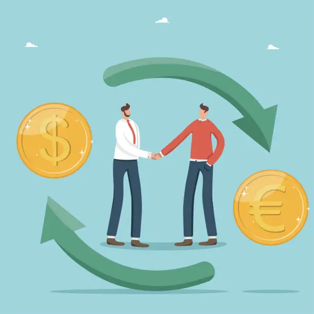Vector illustration of Two businessmen shaking hands and exchanging currency