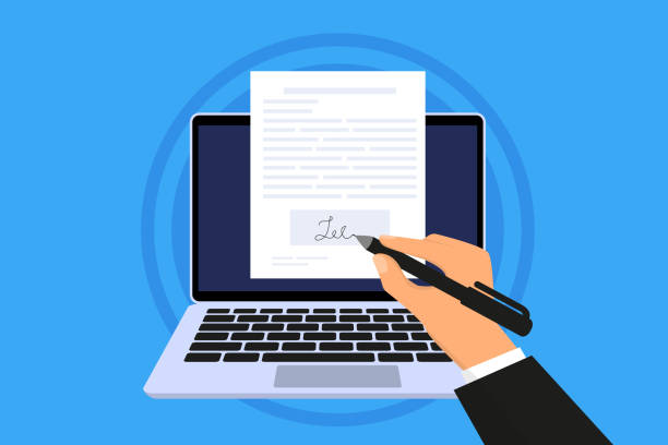Isometric electronic signature concept. Electronic signature on laptop. Electronic document, digital form attached to electronically transmitted document. Vector illustration Isometric electronic signature concept. Electronic signature on laptop. Electronic document, digital form attached to electronically transmitted document. Vector illustration writing email stock illustrations