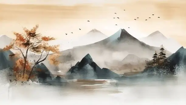 Vector illustration of Abstract hand painted watercolour Japanese themed landscape