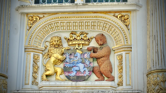 Lion statues on the Stone Bridge, in Zaragoza, Spain