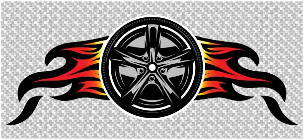 Vector illustration of A wheel with a metal disc and flames on both sides on a carbon background. Template for design. Color vector illustration