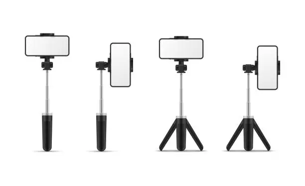 Vector illustration of Table tripod monopod stick smartphone holder for blog vlog stream photo video set realistic vector