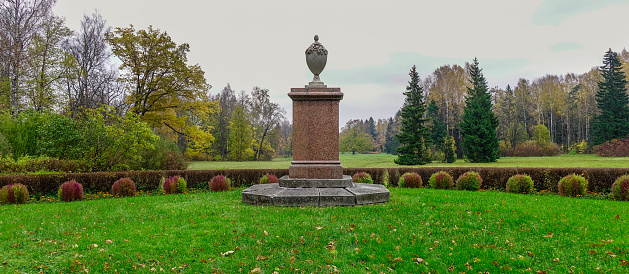 St. Petersburg, Russia - Oct 12, 2016. A small monument at public park in St. Petersburg, Russia.