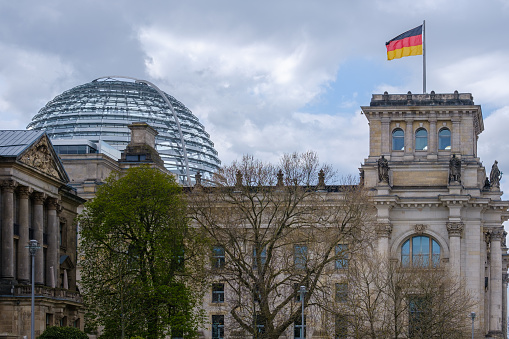 Berlin, Germany  - April 18, 2023 : View of the Reichstag, the German parliament in Berlin Germany