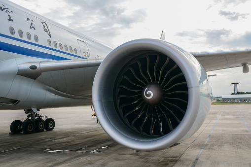Fan and thrust reverser cowls open on a jet engine for maintenace