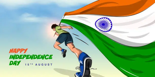 Vector illustration of Vector illustration of independence day of india. young boy running with indian flag.