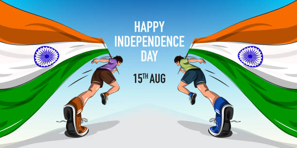two boys running with indian flag and celebrating indian independence day two boys running with indian flag and celebrating indian independence day Happy Independence Day stock illustrations