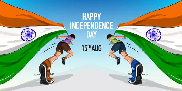 Vector illustration of two boys running with indian flag and celebrating indian independence day