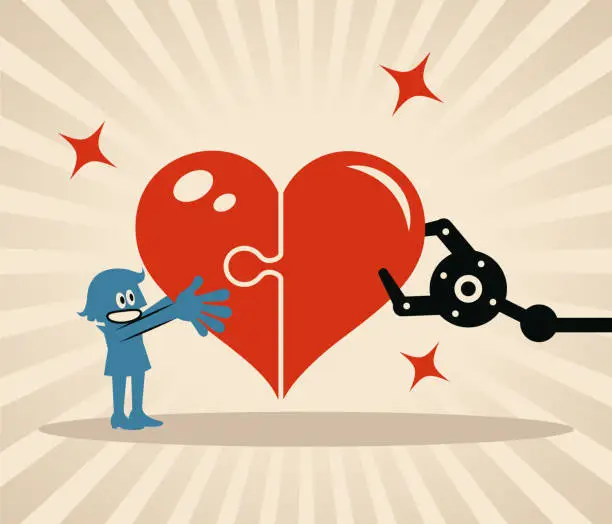 Vector illustration of An artificial intelligence robot arm helps blue people to complete the puzzle of a love heart