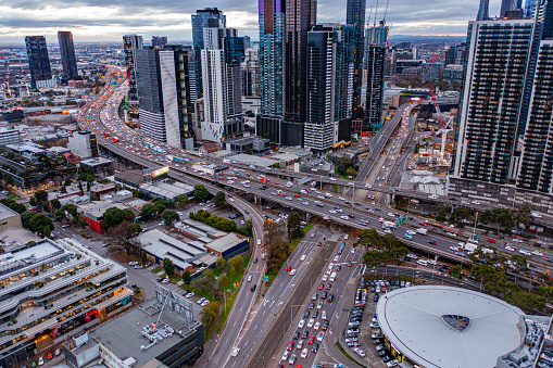 Congested highways in the rush hour in Melbourne CBD
