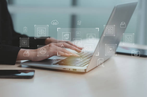 istock Business woman using computer for webinar, internet education, online learning concept. 1504138348