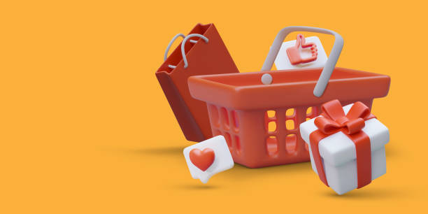 istock Colorful poster with 3d basket, shopping bag and gift box. Online shopping via internet 1504140242