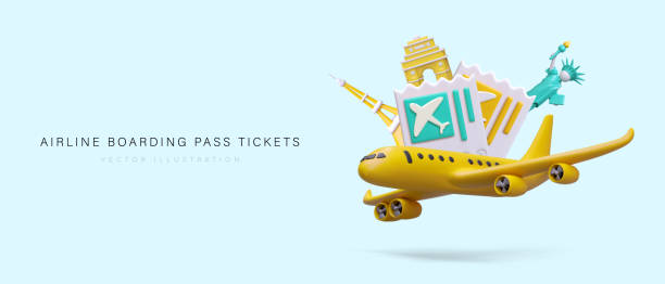 istock Airline boarding pass tickets. 3D plane with sights of different countries 1504141652